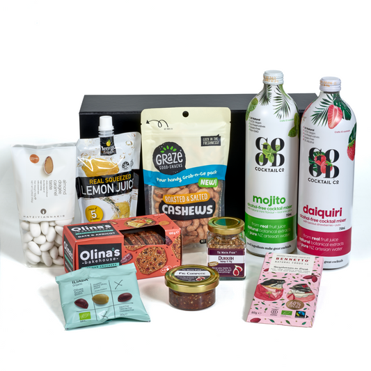 Assorted snacks and drinks including Graze cashews, Olinas chocolate bars, and Goob cocktails on a white background.